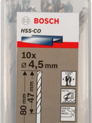 BOSCH 2608585883
Mũi khoan INOX HSS-Co 4.5mm
(hộp 10 mũi)